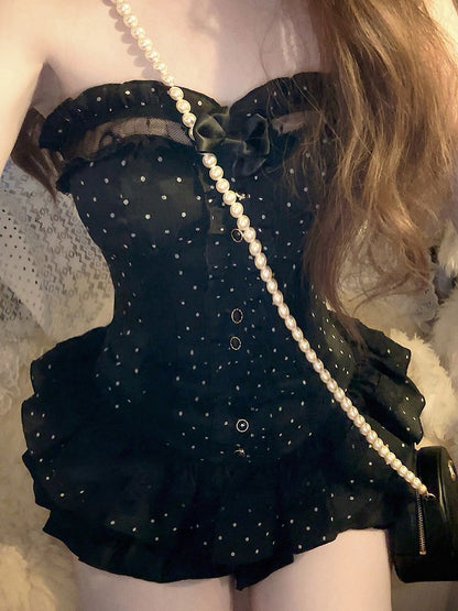 Korsett Stickerei Schleife Schwarz Spitze Bustier Mit Abnehmbaren Blumen Rüschen