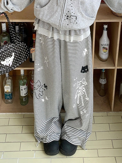 Striped Drawstring Wide Leg Pants with Star and Cat Print - Solkatt