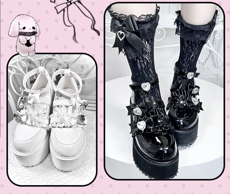 with Landmine Matte 10cm Heel Platform Rhinestones Chunky Glitter White Bowknot Shoes Style Heart