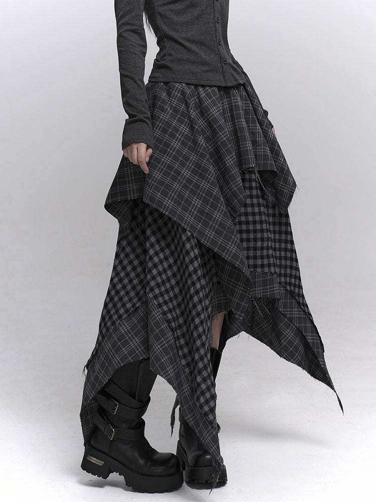 Hem Handkerchief Black Patchwork Skirt Waist with Elastic Plaid Gray Tiered