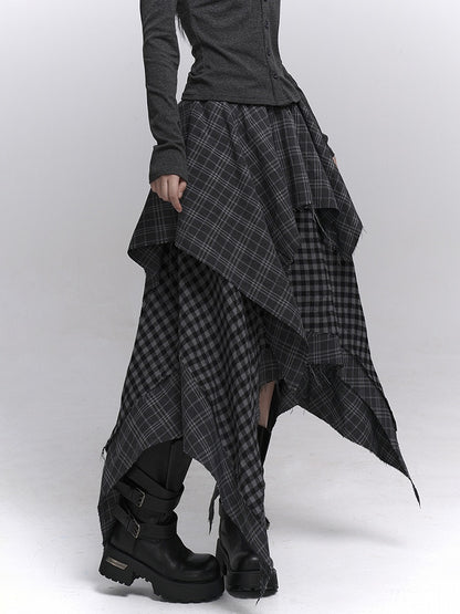Hem Handkerchief Black Patchwork Skirt Waist with Elastic Plaid Gray Tiered