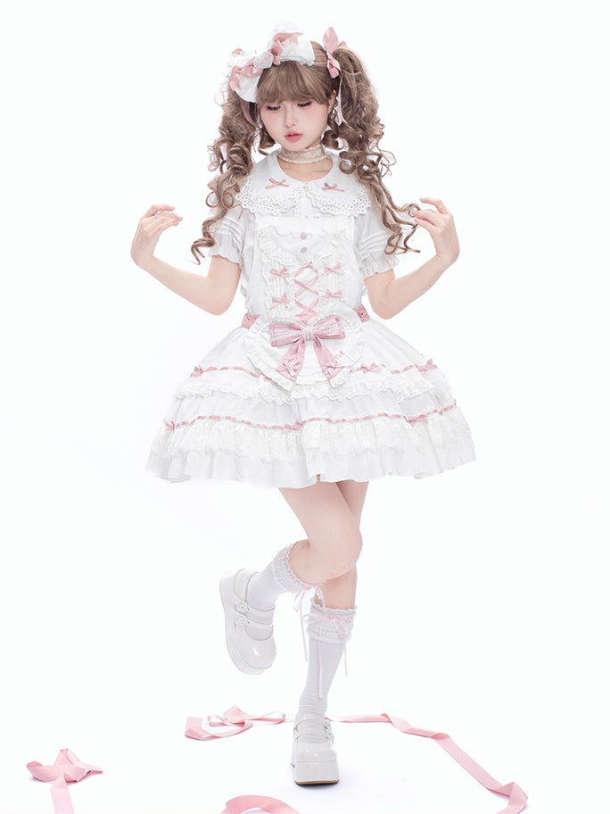 Self-tie and Sweet Decorated Lolita Apron Heart Pink White Bow