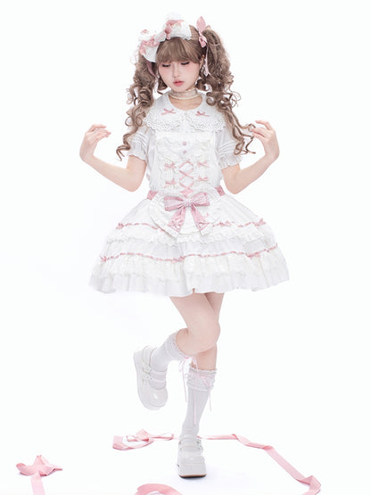 Self-tie and Sweet Decorated Lolita Apron Heart Pink White Bow