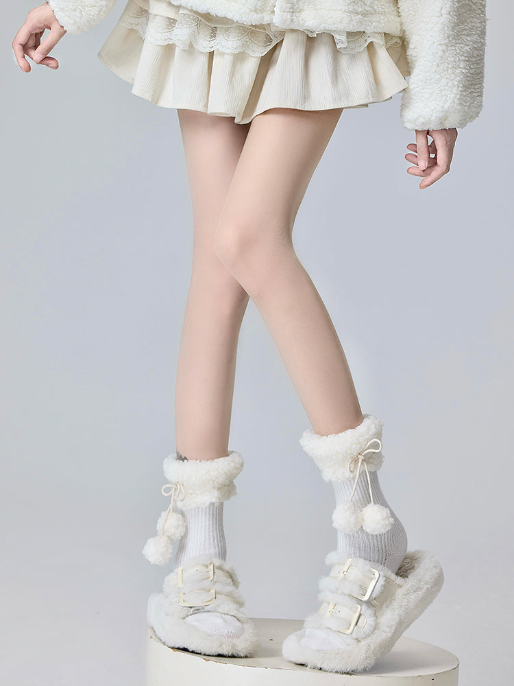 Lolita Fleece Cuff Knitted Socks With Pompons