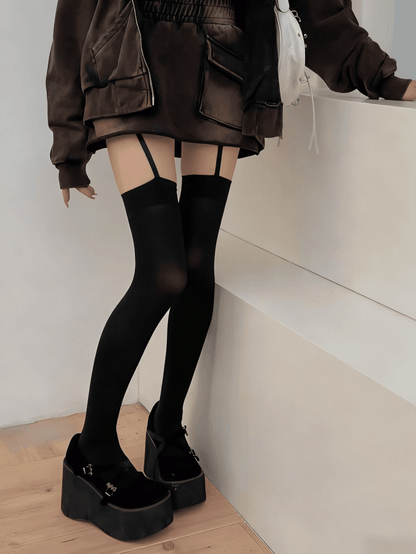 Gothic White Black Suspender / Stockings Punk Cross