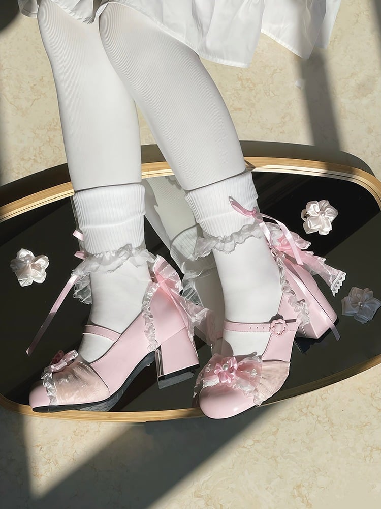 Pink Cherry Flower Heel Sweet Lolita Shoes with Bow - XIN MENG