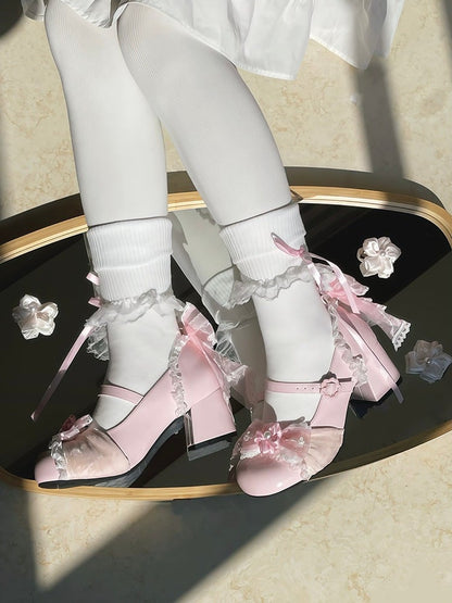 Pink Cherry Flower Heel Sweet Lolita Shoes with Bow - XIN MENG