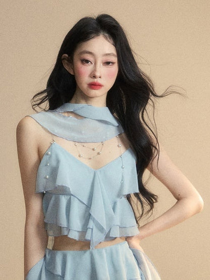 Tiered Ruffles Cropped Cami Top Scarf Free Blue Chiffon V-Neck with