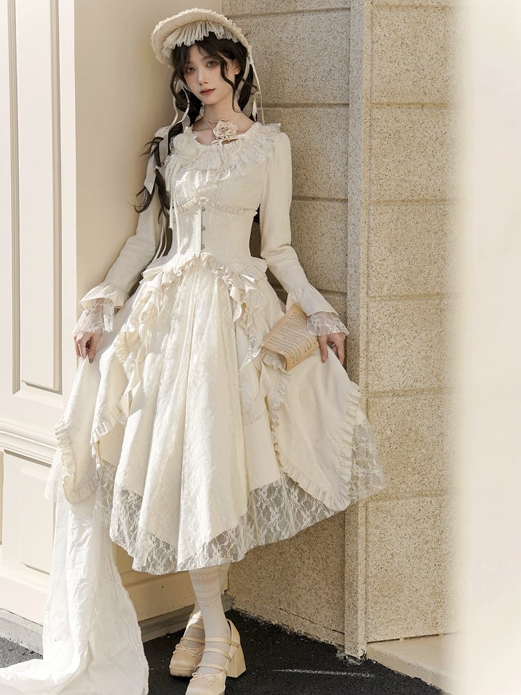 Lolita Dress with Rose Fabric, Lace Panels and Asymmetric Skirt in Beige