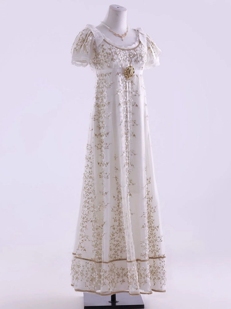 Weißes Empire-Taille Regency Elegantes Lolita Maxikleid Knöchellange Version