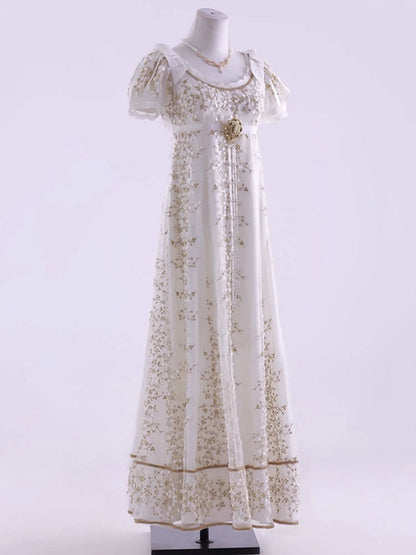 Weißes Empire-Taille Regency Elegantes Lolita Maxikleid Knöchellange Version