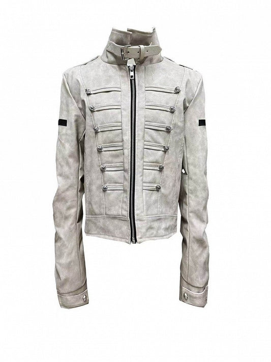 Genderless Punk Milk White Double-Breasted Decorative Faux Leather Jacket with Cross Pattern - DETW OnLine