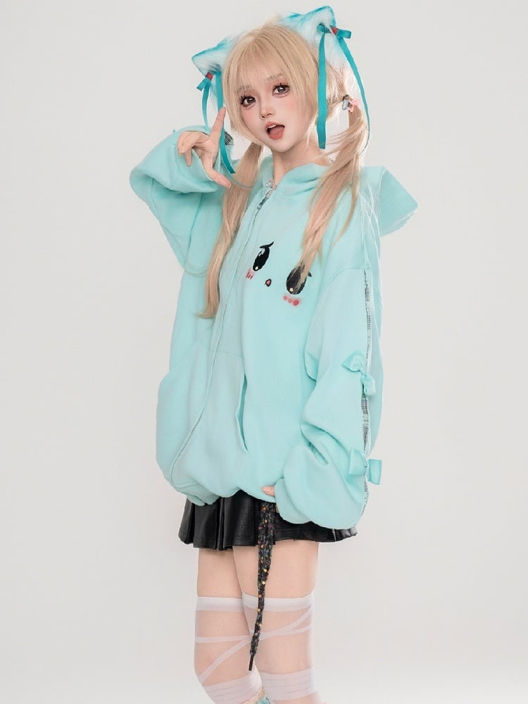 Süßer Yami Kawaii Türkisblau/Pink Zip Hoodie mit traurigen Augen