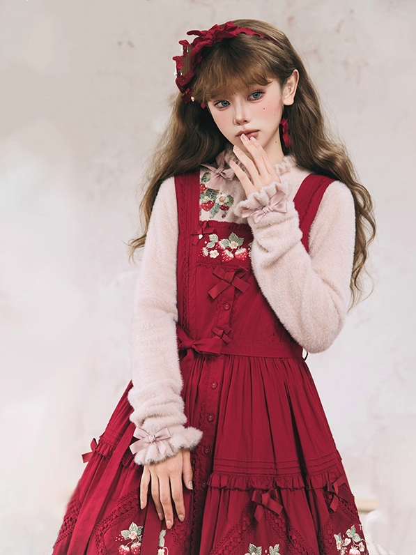 ダスティオータム刺繍のストロベリーリボンニット（ネックライン、トップス、カフス、ピンク）