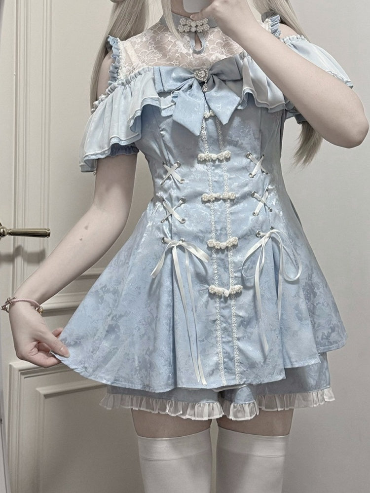 ショートパンツ、蝶ネクタイ、チャイナドレス、ライト、ネックライン、ケイスタイルセット - ジライイリュージョンミニドレス、ブルー、ベルスリーブ