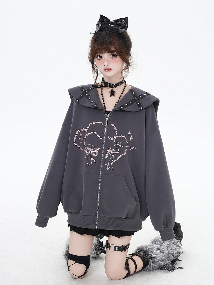 Pink/Gray Sailor Collar Zipper Closure Printed Jacket