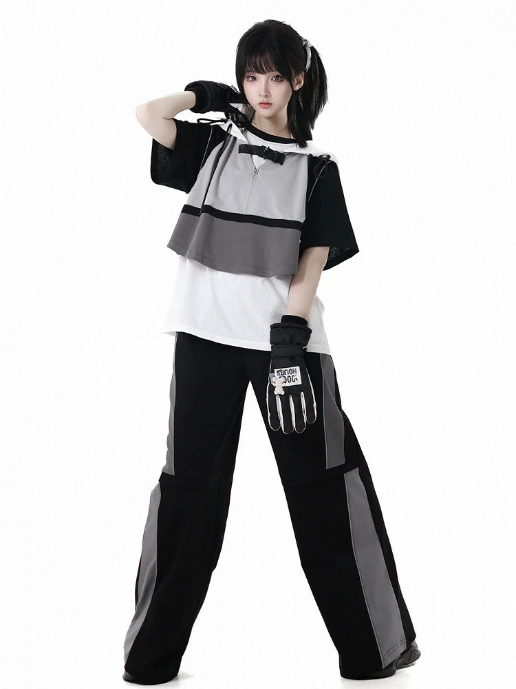 T-Shirt Star Print Black  White Colorblock Design