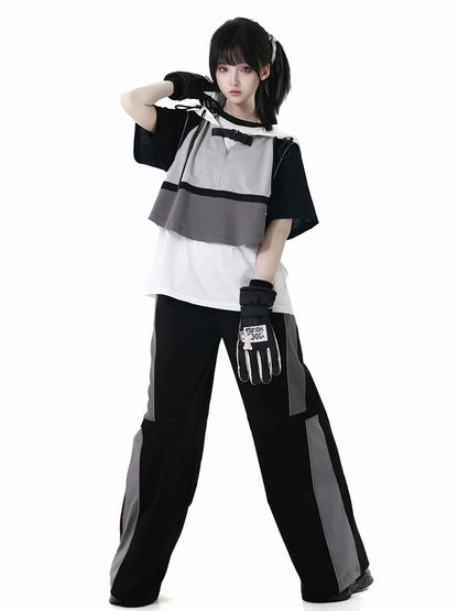 T-Shirt Star Print Black  White Colorblock Design