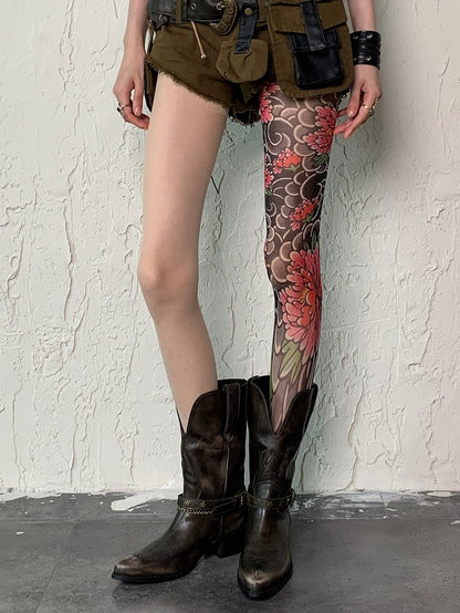 Print Asymmetrical Tattoo Nude Tights Floral Design Y2K
