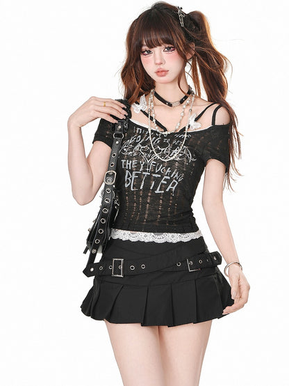 Apricot/Black Letters Butterflies Adorned Semi-sheer Top