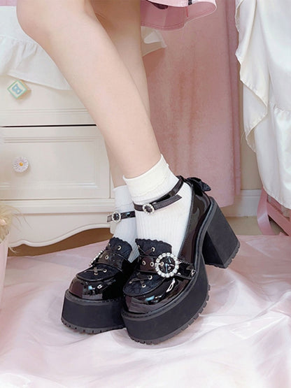 Landmine Style Jirai Polierte Plateauschuhe Heels Schwarz Chunky Kei