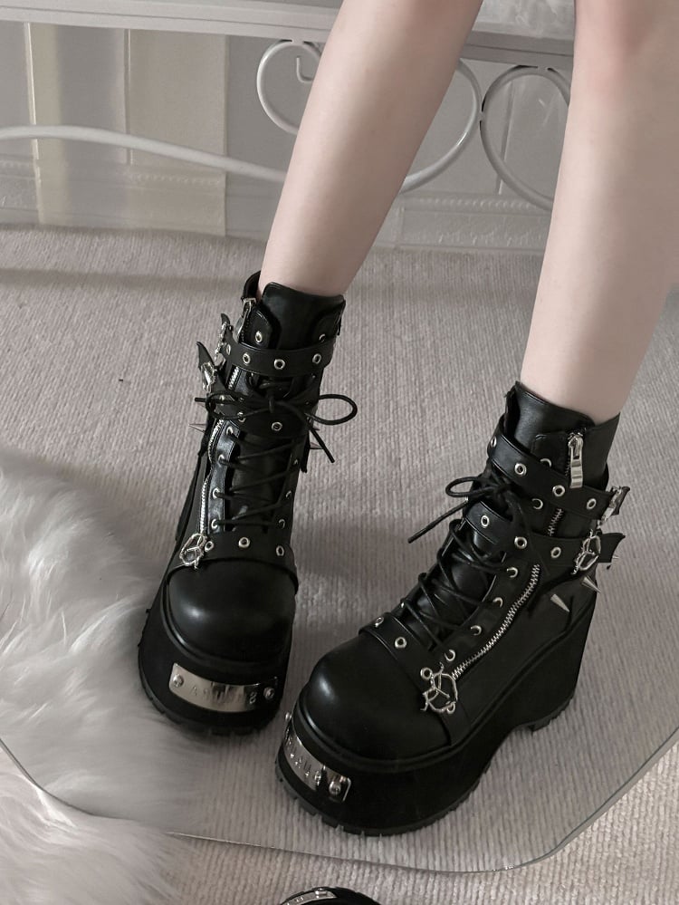 Polished Black/Matte Black Punk Stud Buckle Strap Gothic Platform Boots
