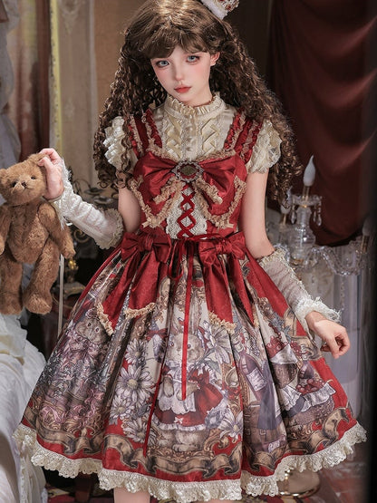 Floral Print Lolita Dress Set with Puff Sleeve Top - Unknown Star