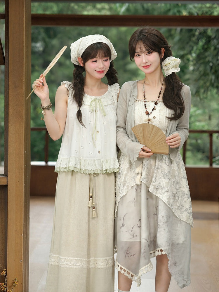 Ruffled Khaki Flax Tassel Cuffs Trim Drawstring Regular/Short Waist Wide-Leg Pants Version