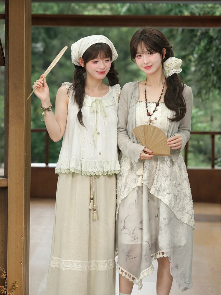 Tanktop mit Ausschnitt, zum Selbstbinden, flatternde Ärmel, gestuft am Träger, grün mit Rüschen, Cutton