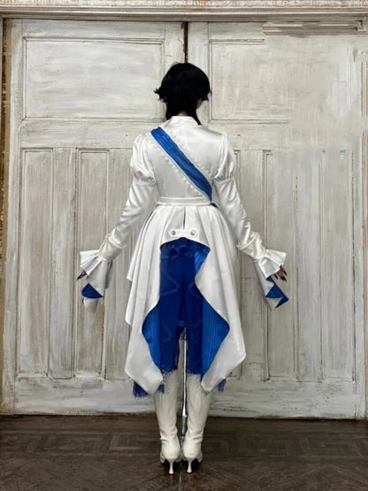 White & Blue Military Lolita Knight Top + Irregular Layered Skirt + Ribbon Set - THE 400BLOWS