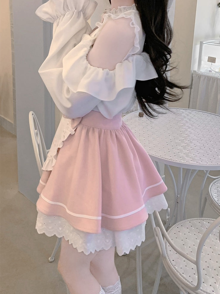 Pink-weißes Jirai Kei-Komplettset – Oberteil mit Illusionsausschnitt, ausgeschnittenen Schultern + Rock im Schürzendesign + Fliege
