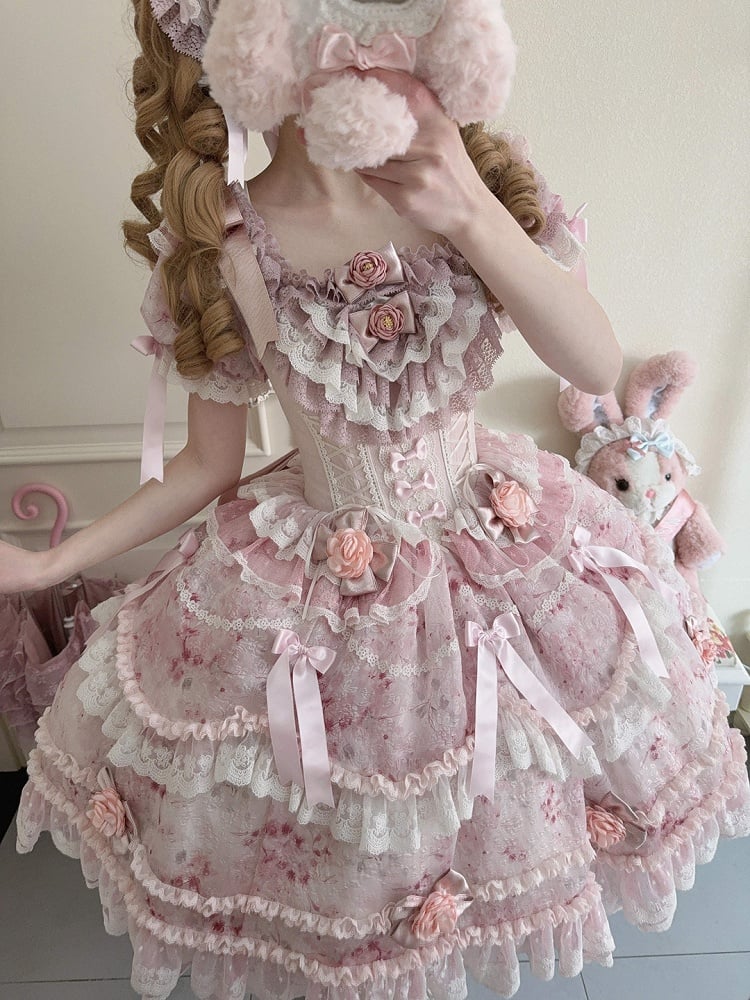 Ruffle Hime with Multi-Layered Lolita Pink Accents Puffy Rose Dress