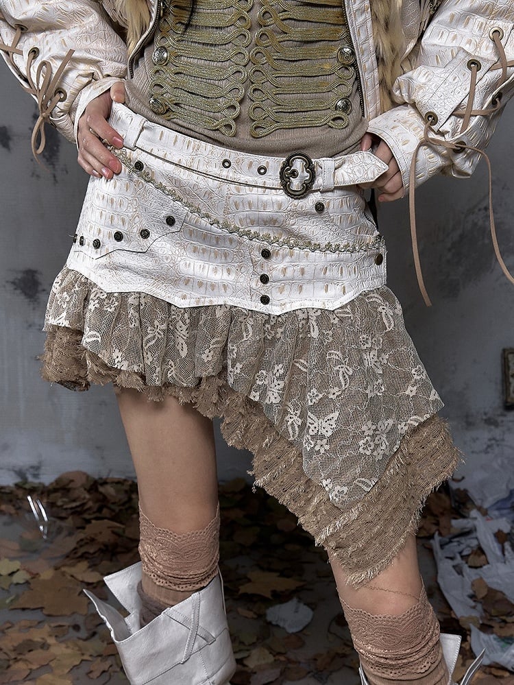 Brown Asymmetrical Vintage Layered with Studded Hem Punk Tulle Skort PU Beige