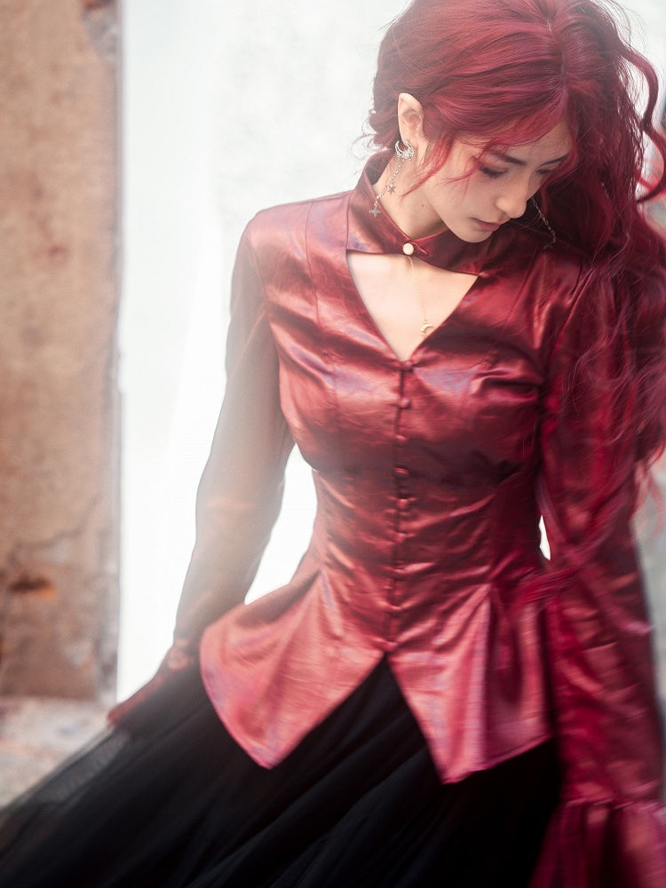 Long Wine Ways Shirt Sleeves Collar Two Wear Red Lolita Gothic