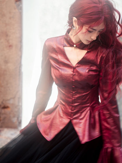 Long Wine Ways Shirt Sleeves Collar Two Wear Red Lolita Gothic