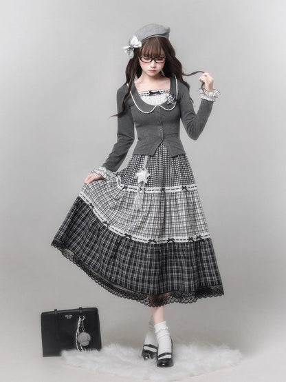 Plaid Star Ruffle Jirai Embellishment Black Removable Gray Skirt Bow Kei Trim with