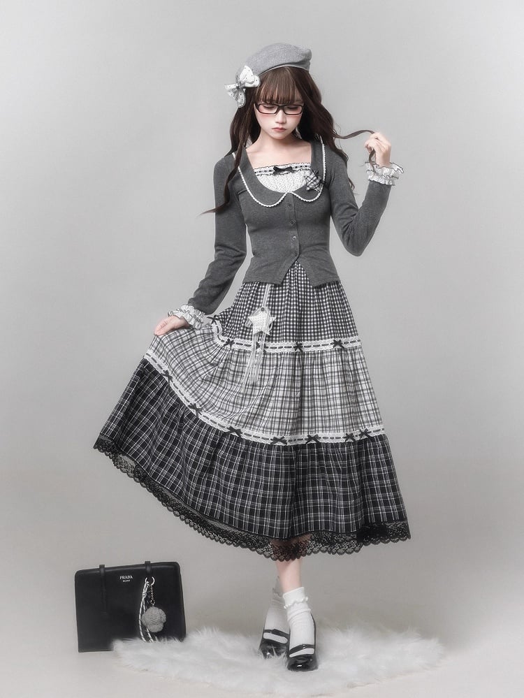 Kei Jirai Polka Knit Gray Fake Top Two-Piece Star with Brooch Dot
