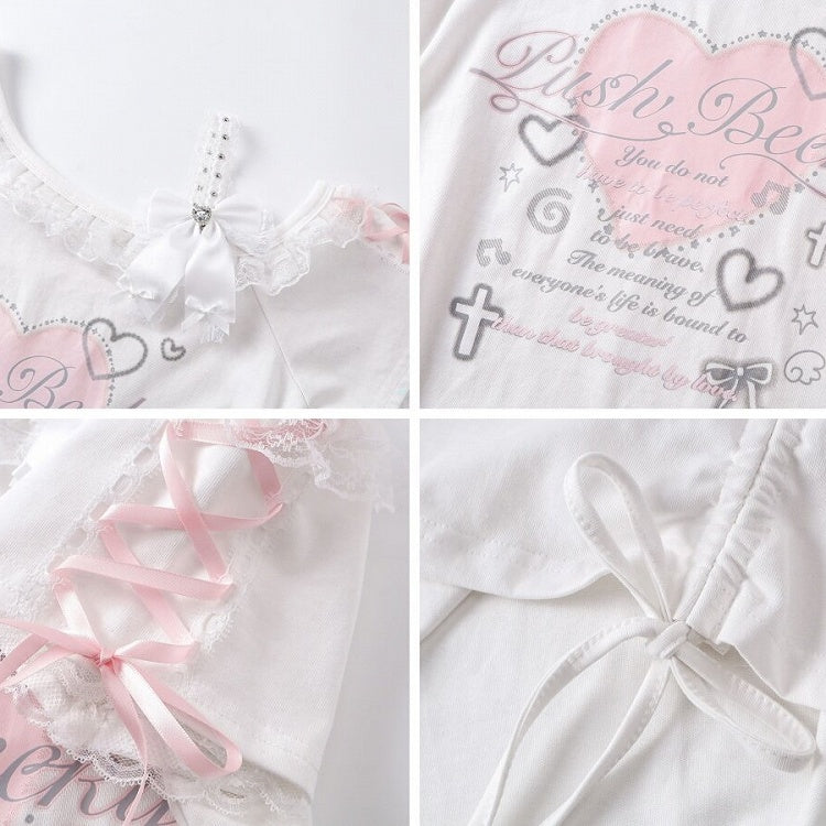 White Sweet Edgy Heart Print Asymmetrical Shoulder Short Sleeve T-Shirt with Lace & Drawstring + Bow Clip Set - CRAZY GIRL
