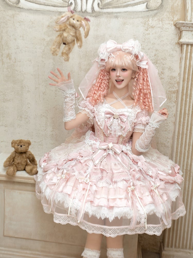Bead Strawberry Theme Dress Lolita Style Accents Sweet Bow Hanayome Lace and with Pink