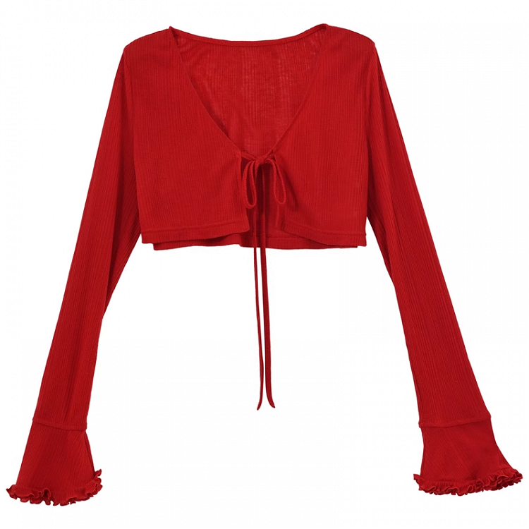 Strickjacke mit selbstbindendem Träger, Vintage, süßes Rot, Rüschenbündchen