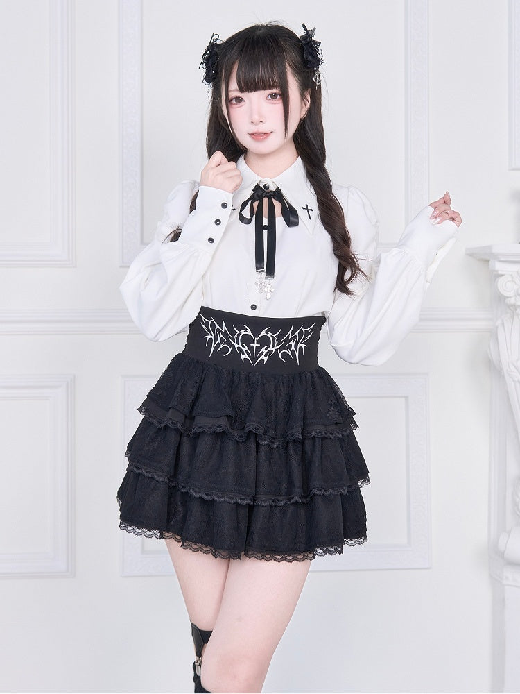 with Back White Jirai Blouse: Lacing Sleeve Long Kei Gothic