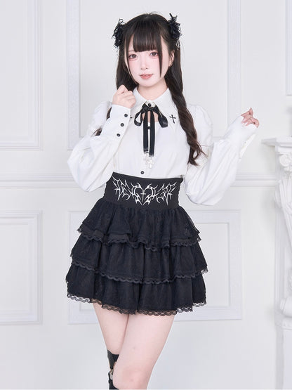 with Back White Jirai Blouse: Lacing Sleeve Long Kei Gothic