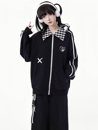 White/Black Heart Panda Embroidered Plaid Pattern Collar Jacket With A Panda Plushie