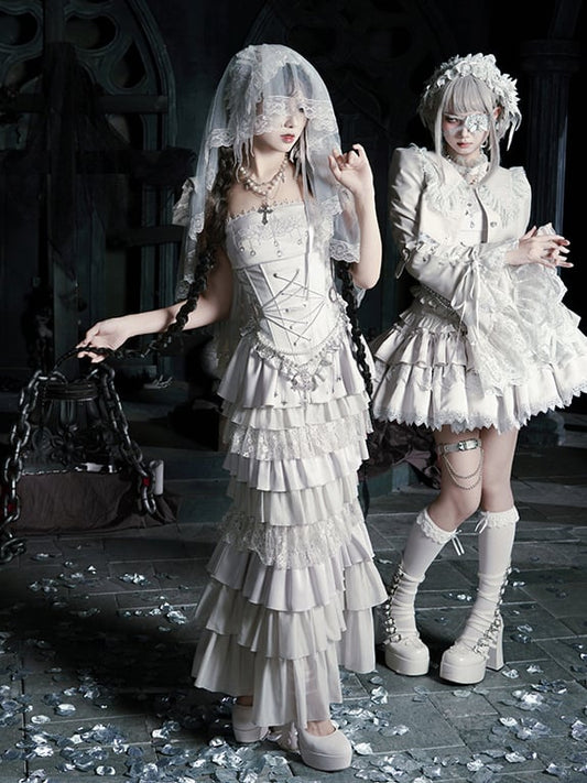 Veil Necklace Set - Silver Mermaid + Full Lolita Skirt Chain Tiered Top Waist Gothic Corset Head