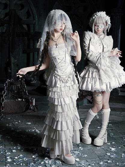 Multi-Layer Ruffled Silver Skirt Lolita Mermaid Boned Gothic Waist