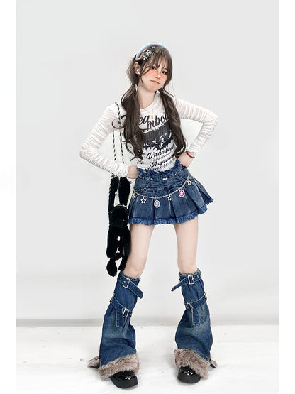 Y2Kヴィンテージ ダークブルー ディストレストトリム デニム グラマラススカート+バックルストラップ プラッシュトリム レッグウォーマー