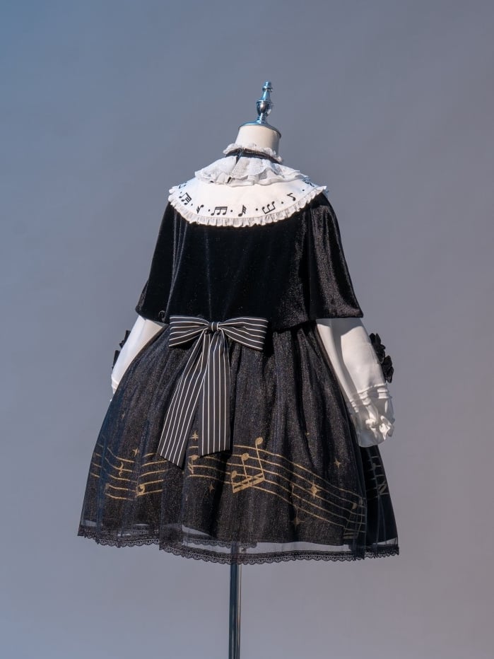 Musical Note Print Black and White Long Sleeves Lolita OP Full Set