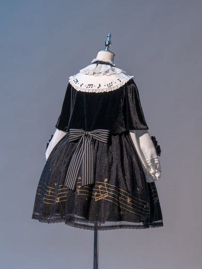 Musical Note Print Black and White Long Sleeves Lolita OP Full Set