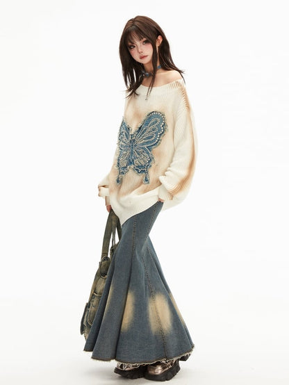 ウェイストランドパンク バタフライアップリケ アプリコット アシンメトリーネックライン セーター