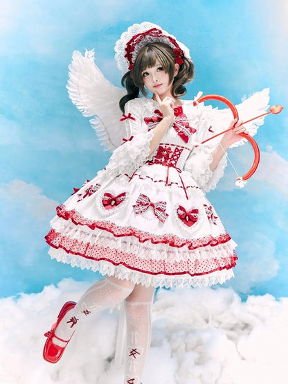 Heart Dress Red JSK Wine Bow with Sweet Appliques Accents Lolita